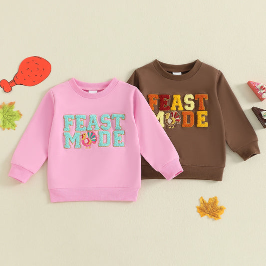 Toddler Thanksgiving Sweatshirt – Letter & Turkey Embroidered Long Sleeve Pullover