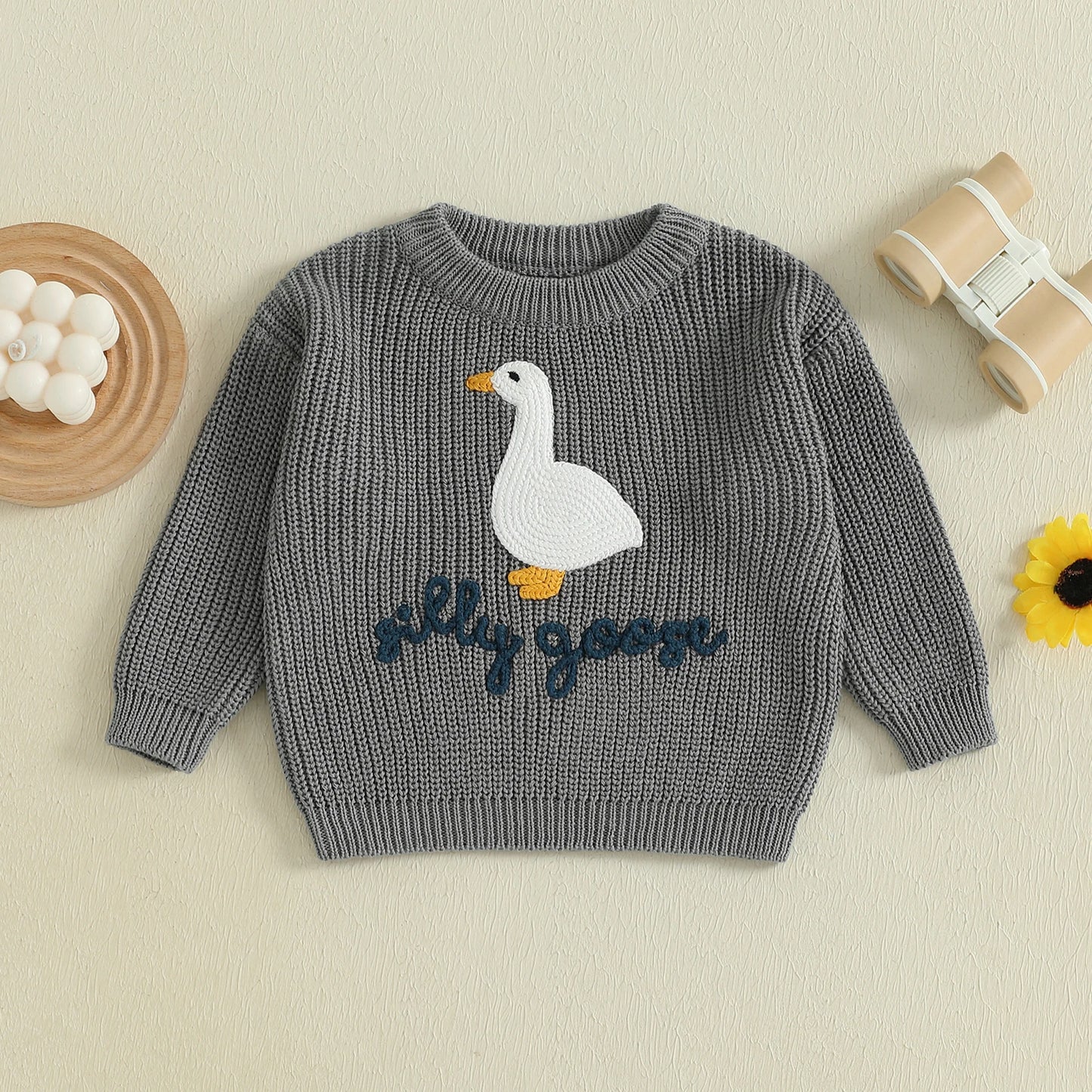 Toddler Boys ‘Silly Goose’ Embroidered Sweater – Crewneck Long Sleeve Pullover