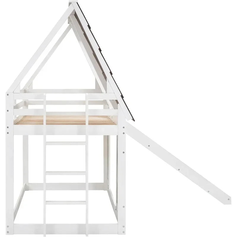 Twin Over Twin House Bunk Bed with Roof, Window, Ladder & Slide