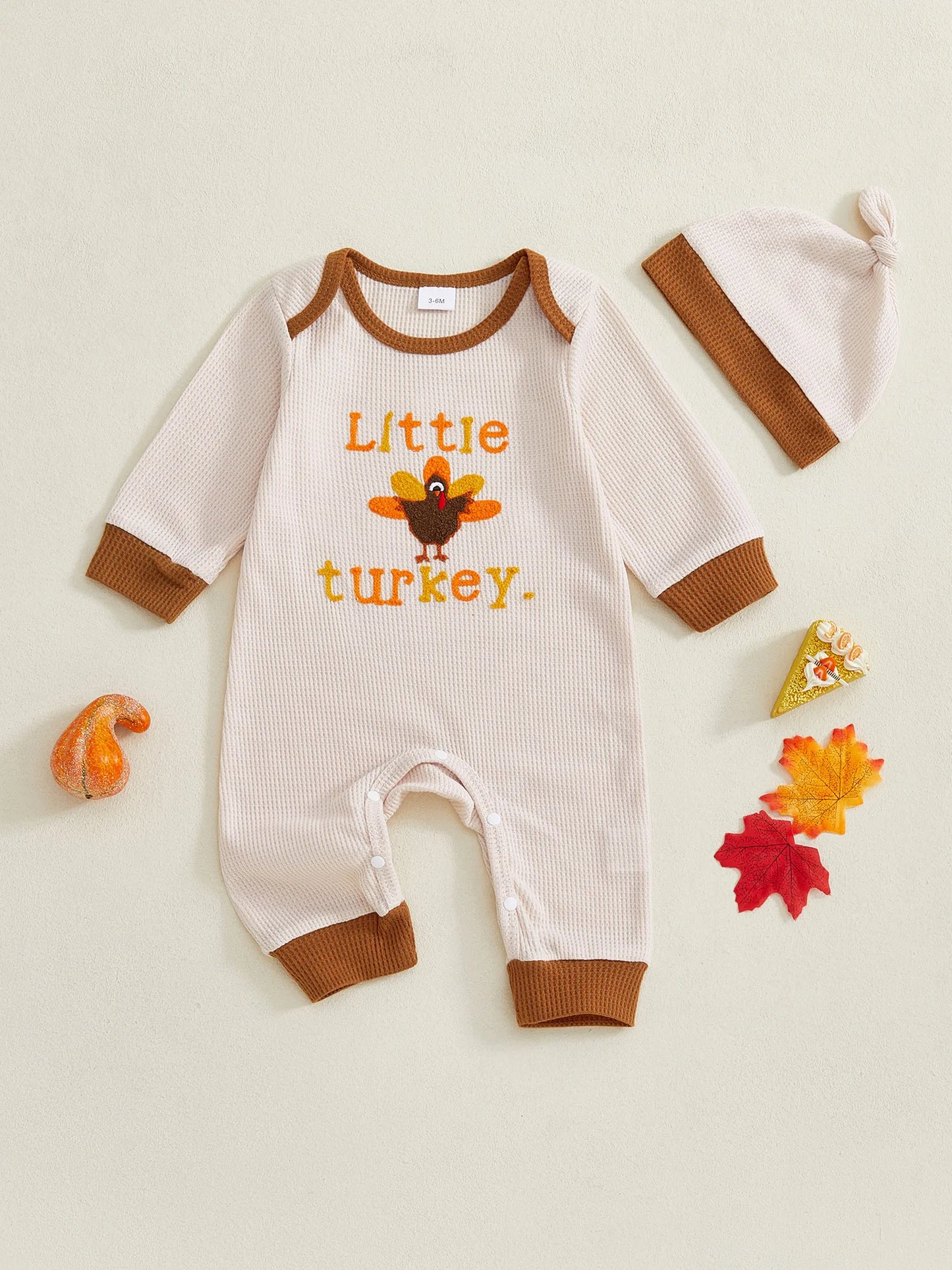 Thanksgiving Jumpsuit – Long Sleeve Round Neck Romper with Turkey Embroidery and Hat