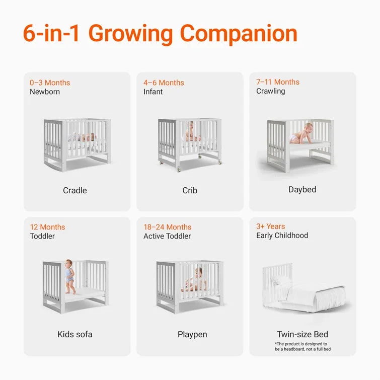 EvoNest 6-in-1 Portable Mini Crib with Mattress – White New Zealand Pinewood, 4 Height Adjustable