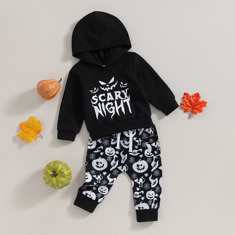 Baby Boys Halloween Outfit – Hooded Letter Print Hoodie and Pumpkin Sweatpants 2-Piece Set (0–3Y)