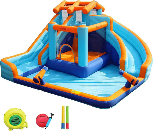 Inflatable Water Slide Bounce House with Dual Slides and Large Splash Pool for Kids and Adults