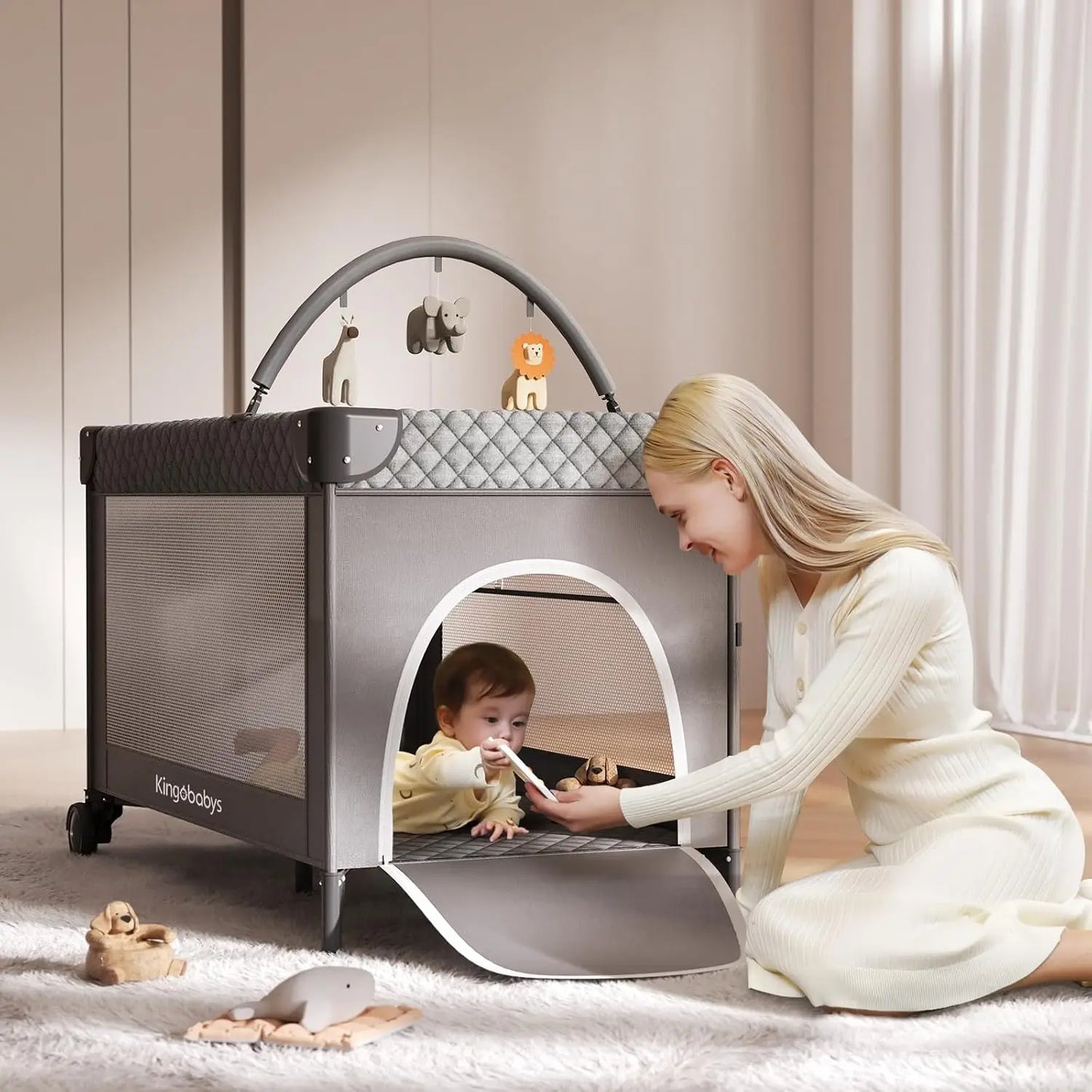4-in-1 Baby Bassinet – Pack and Play Bedside Crib Sleeper with Diaper Changer and Mosquito Net