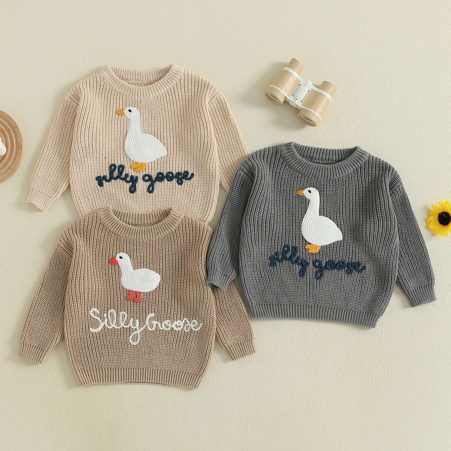 Toddler Boys ‘Silly Goose’ Embroidered Sweater – Crewneck Long Sleeve Pullover