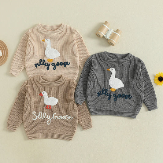 Toddler Boys ‘Silly Goose’ Embroidered Sweater – Crewneck Long Sleeve Pullover