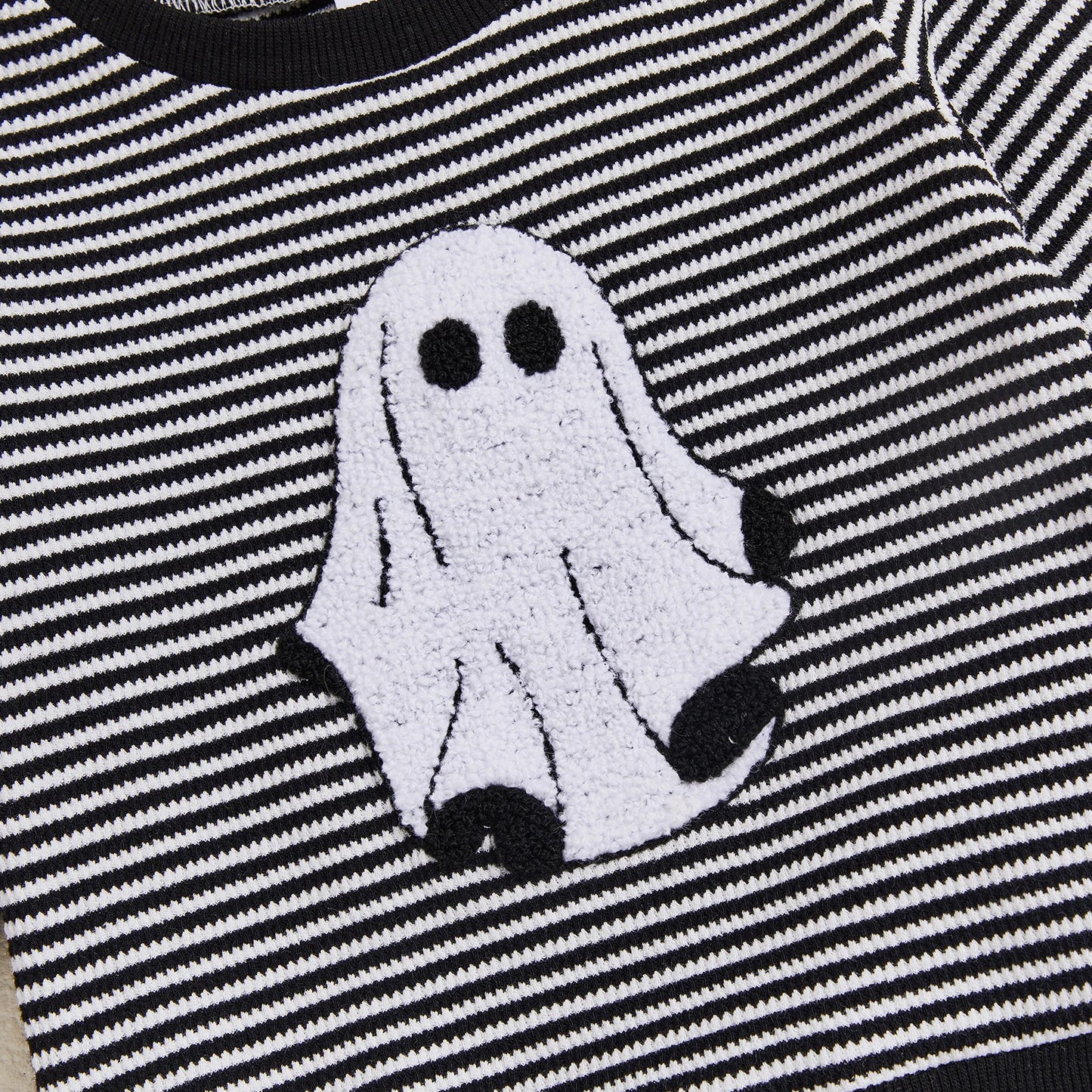 Toddler Baby Halloween Outfit – Ghost Embroidery Striped Sweatshirt + Elastic Pants 2-Piece Set