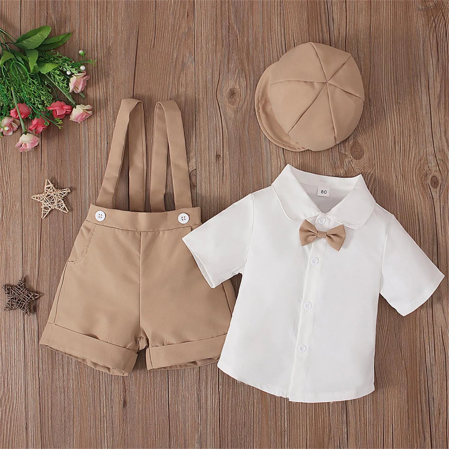 Boys Summer Gentleman Outfit – 4-Piece Set with Bow Tie Shirt, Suspenders Shorts & Hat