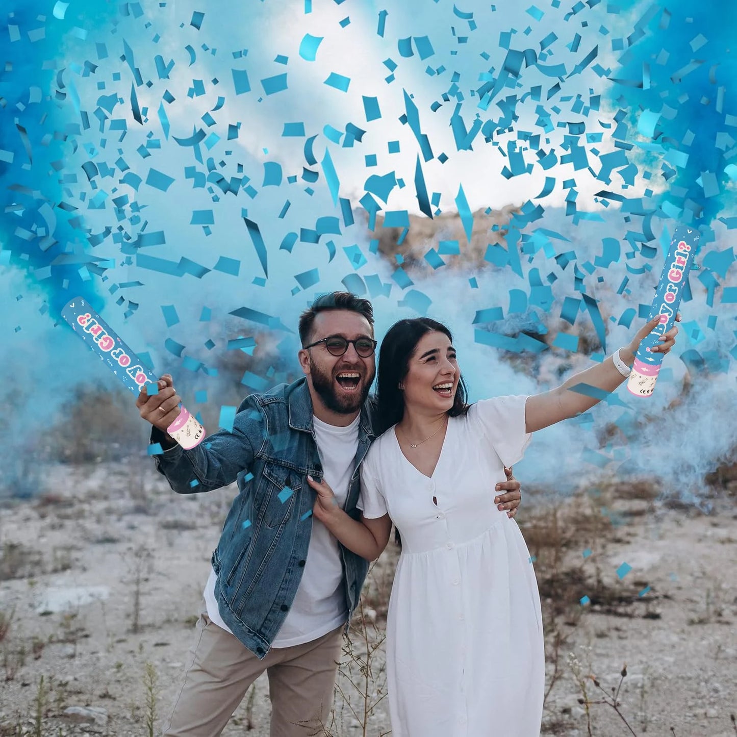 Gender Reveal Confetti & Powder Cannon Set – 4-Piece Handheld Pink or Blue Smoke Bombs Party Décor