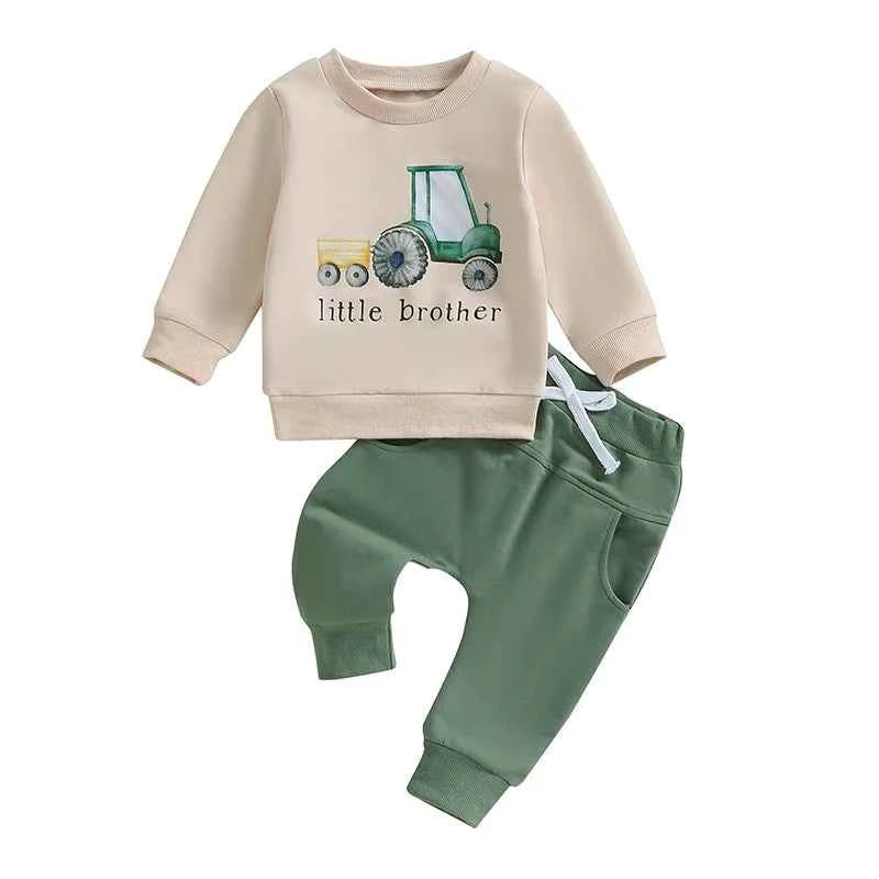 Boys 2PCS Outfit Set – Long Sleeve Letter Tractor Print Top and Solid Pants