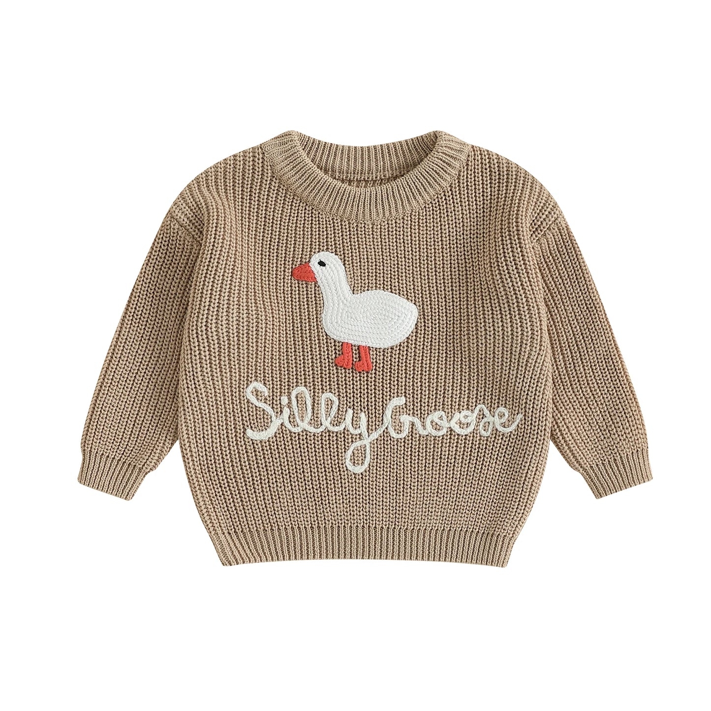 Toddler Boys ‘Silly Goose’ Embroidered Sweater – Crewneck Long Sleeve Pullover