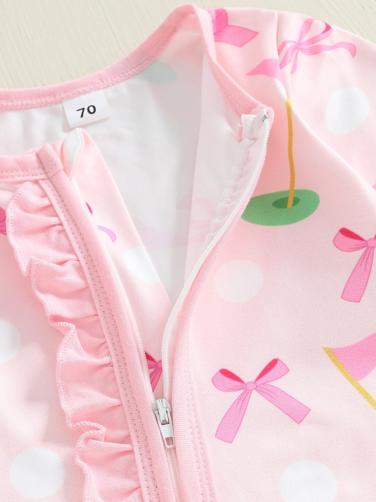 Baby Girl Fall Outfit – Golf Print Ruffled Footie Romper & Bow Headband Set (2PCS)