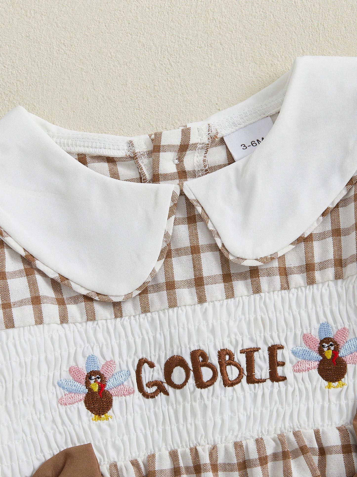 Baby Girl Thanksgiving Romper – Long Sleeve Plaid Jumpsuit with Doll Collar & Turkey Embroidery