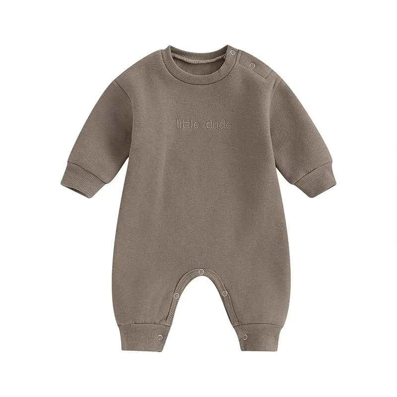 Baby Letter Embroidered "Little Dude" Jumpsuit – Long Sleeve Footless Romper (0–18M)