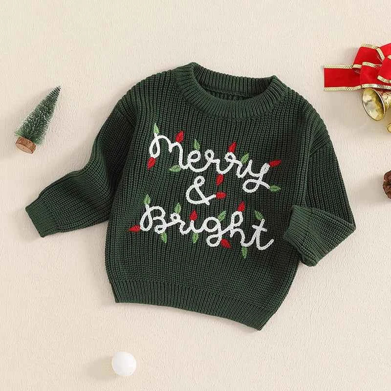 Cute Baby Christmas Knit Sweater -  Embroidered Letter Long Sleeve Pullover