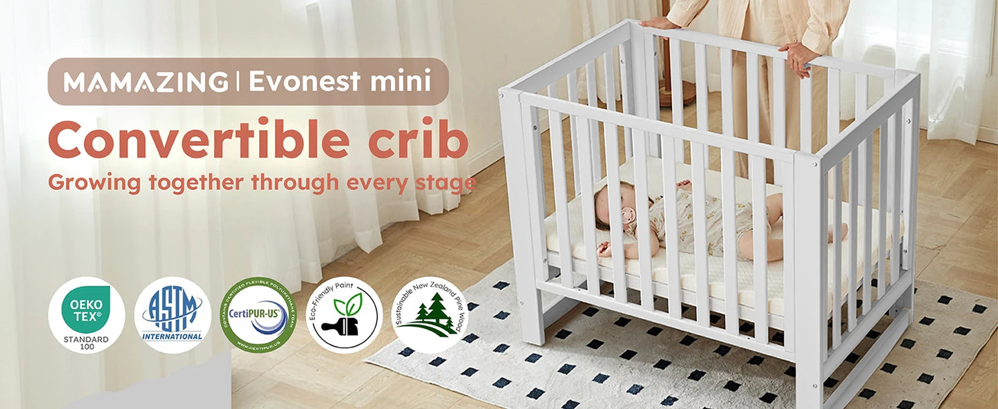 EvoNest 6-in-1 Portable Mini Crib with Mattress – White New Zealand Pinewood, 4 Height Adjustable