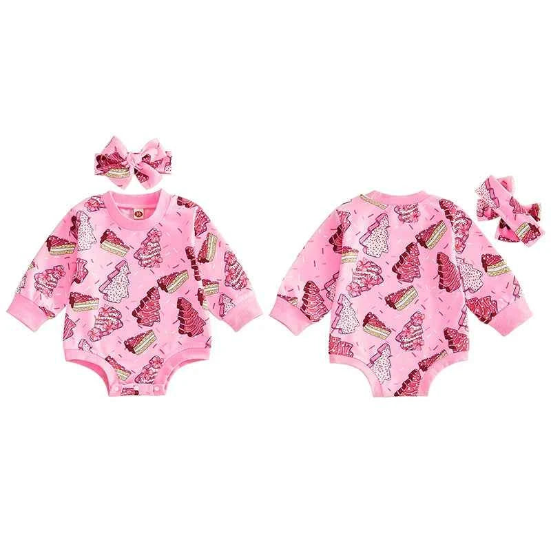 Baby Girl Christmas Romper Set – Long Sleeve Tree Print Jumpsuit with Cute Headband