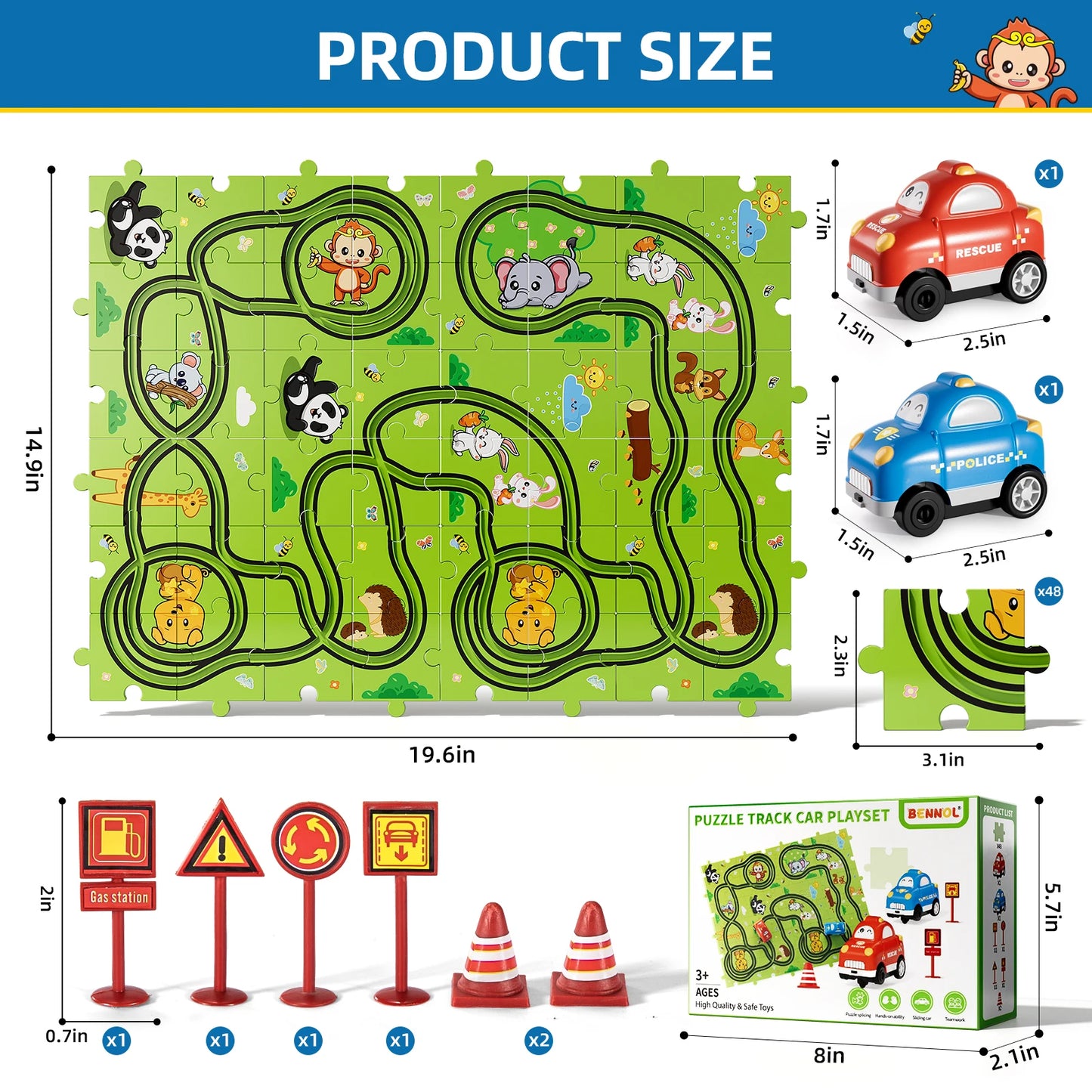 Jigsaw Puzzle Race Track Car Set – Puzzle & Car Toys for Kids Ages 3-5
