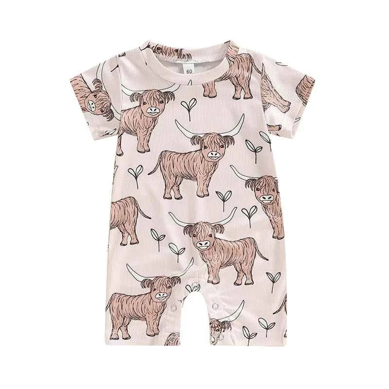 0–18M Baby Boys and Girls Western Jumpsuit, Short Sleeve Crew Neck Cow Print Summer Romper Casual Baby Outfit