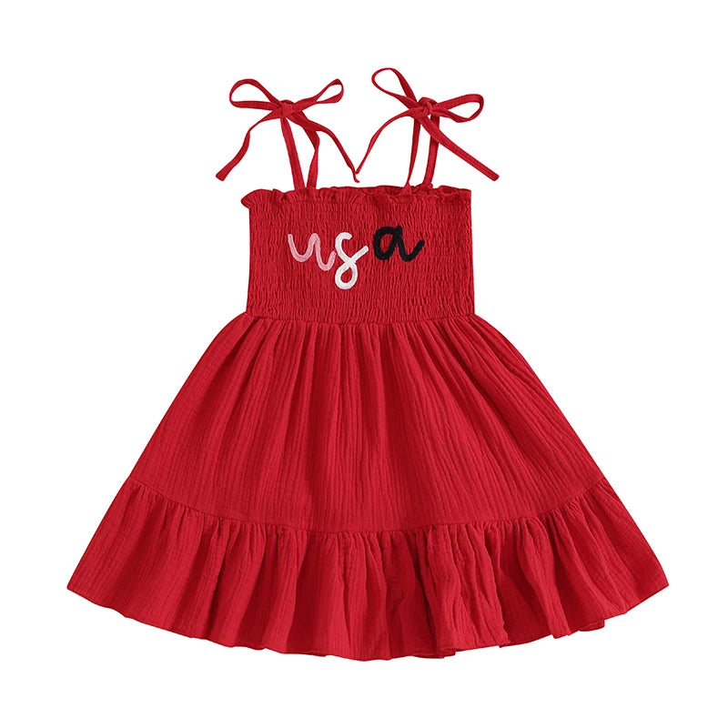 Girls 4th of July Smocked Dress – Sleeveless Tie Shoulder Toddler A-Line Patriotic Outfit - Haven's Heaven Boutique