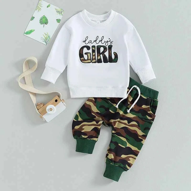 Baby Girl White Pullover & Camo Pants Set – 2-Piece Toddler Outfit