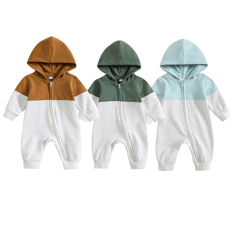 Infant Baby Boy Hooded Romper – Long Sleeve Contrast Zipper Jumpsuit 0-18M