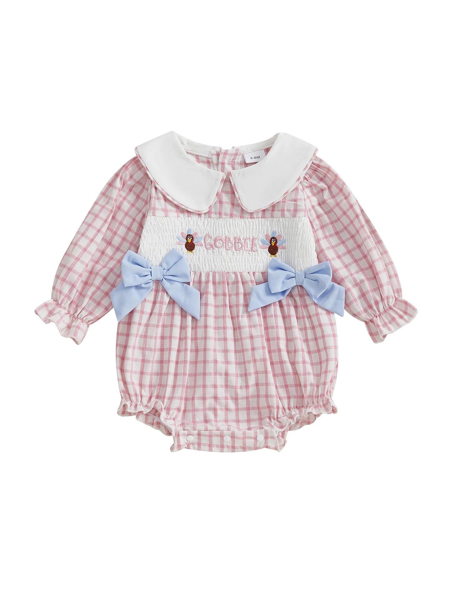 Thanksgiving Baby Girl Romper – Long Sleeve Doll Collar with Turkey Embroidery and Plaid Design