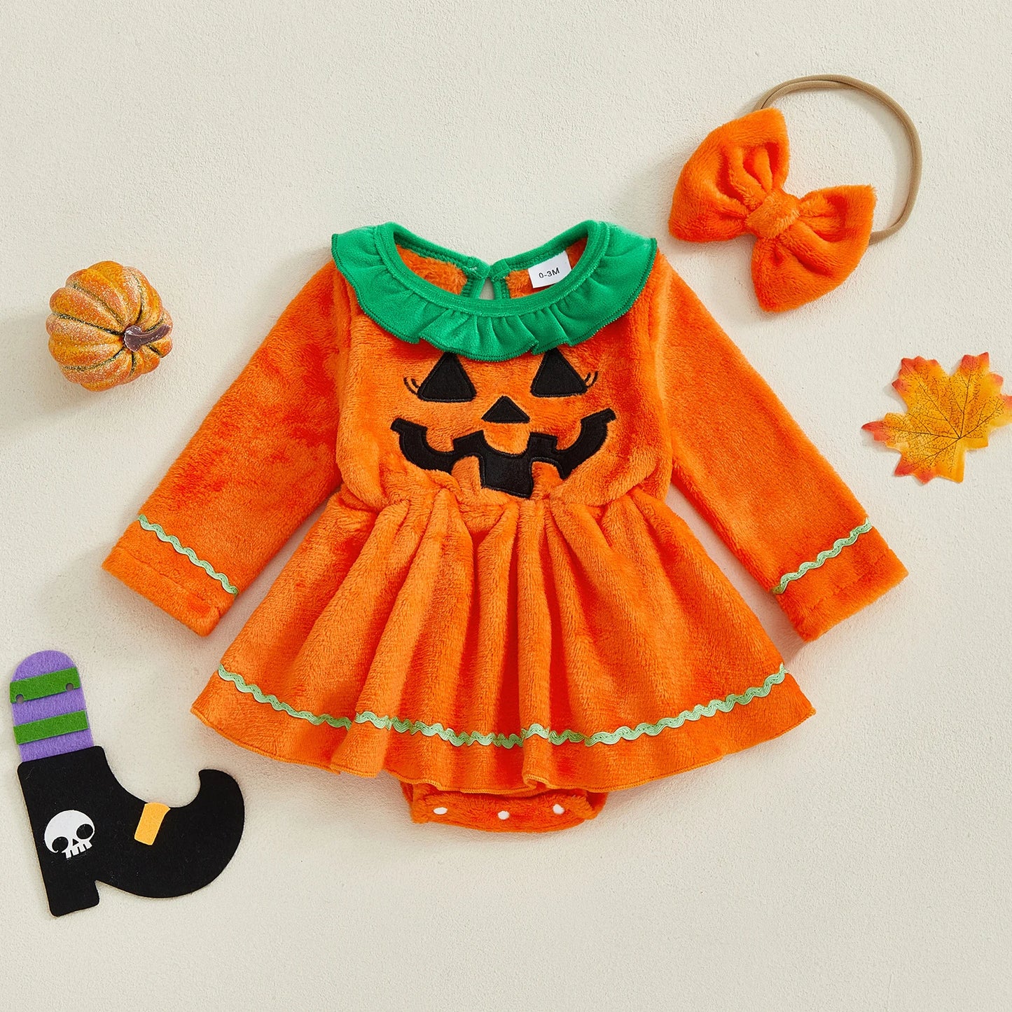 Infant Halloween Costume – Pumpkin Print Jumpsuit with Hat Set for Baby