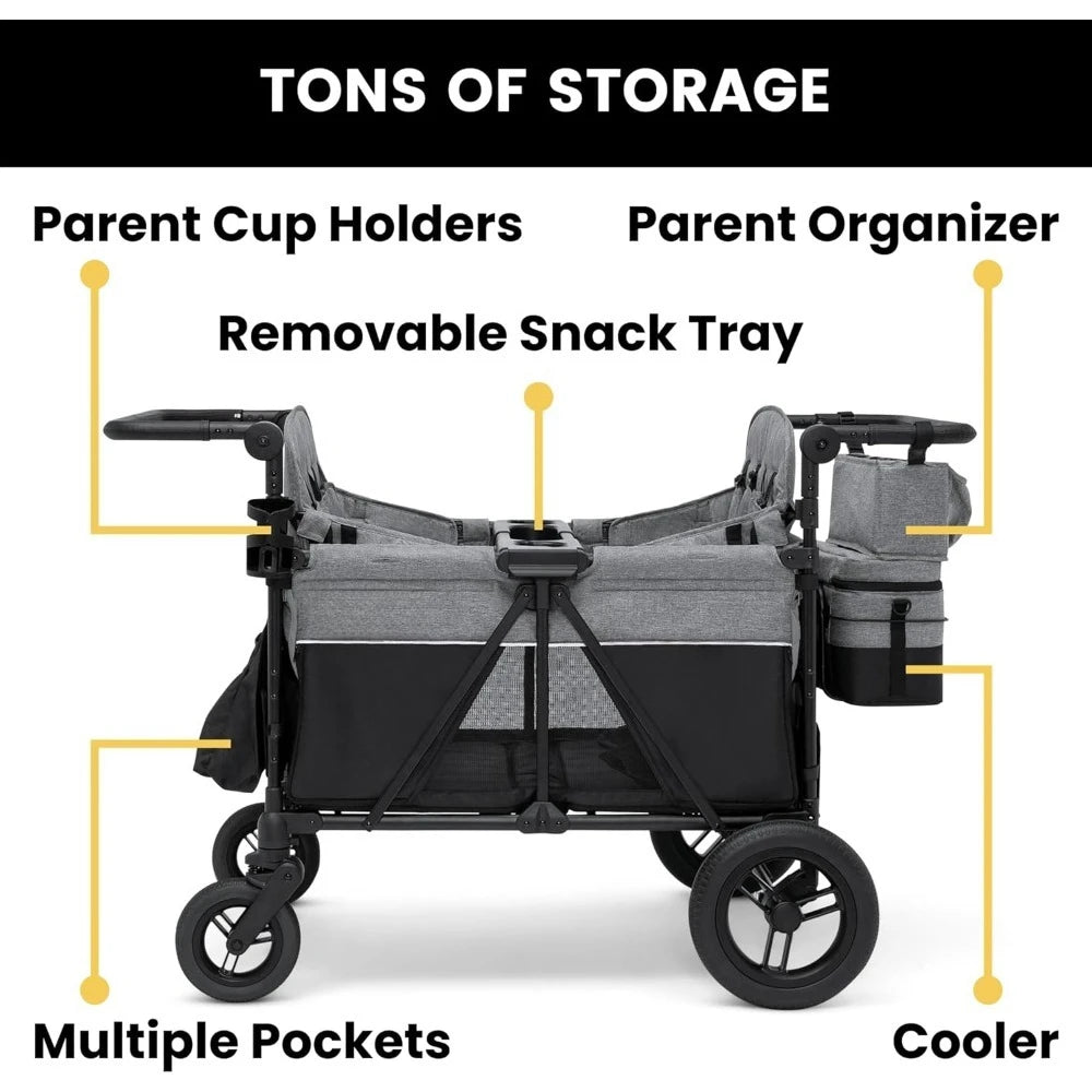 Deluxe 4-Seater Stroller Wagon for Kids – Grey, Foldable with Adjustable Push/Pull Handles & Removable Canopy