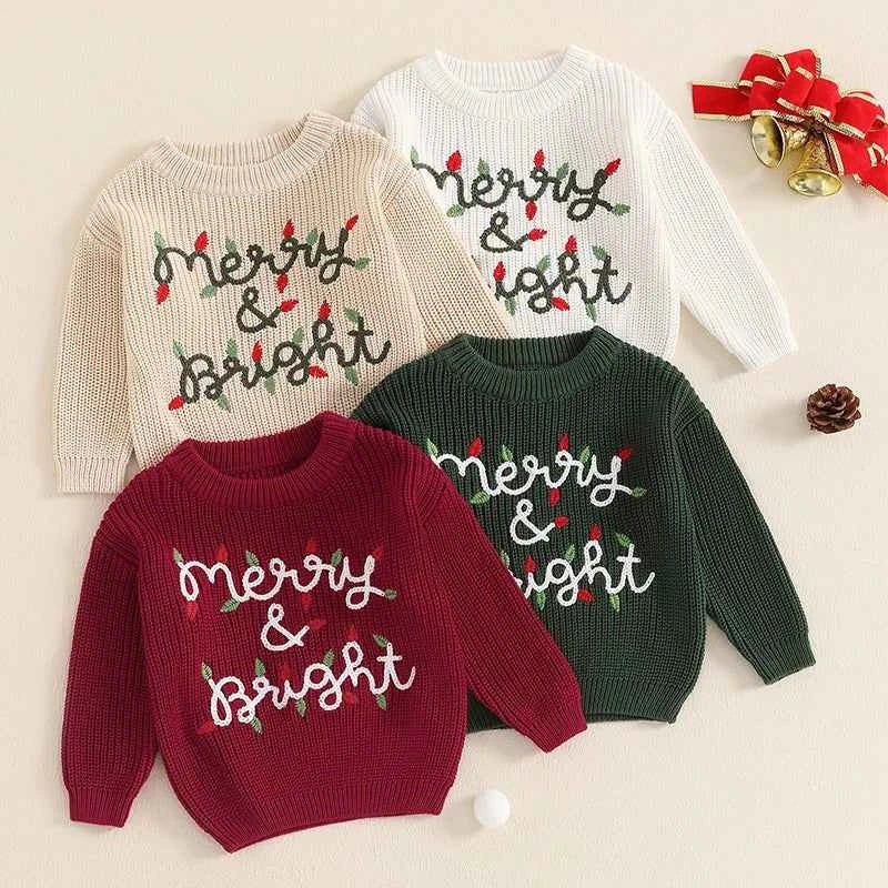 Cute Baby Christmas Knit Sweater -  Embroidered Letter Long Sleeve Pullover