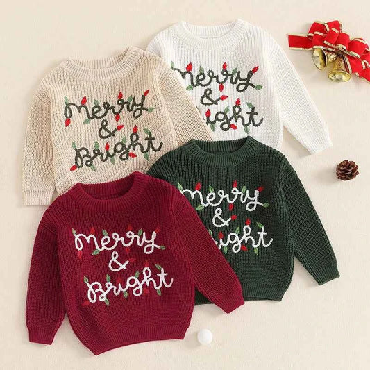 Cute Baby Christmas Knit Sweater -  Embroidered Letter Long Sleeve Pullover