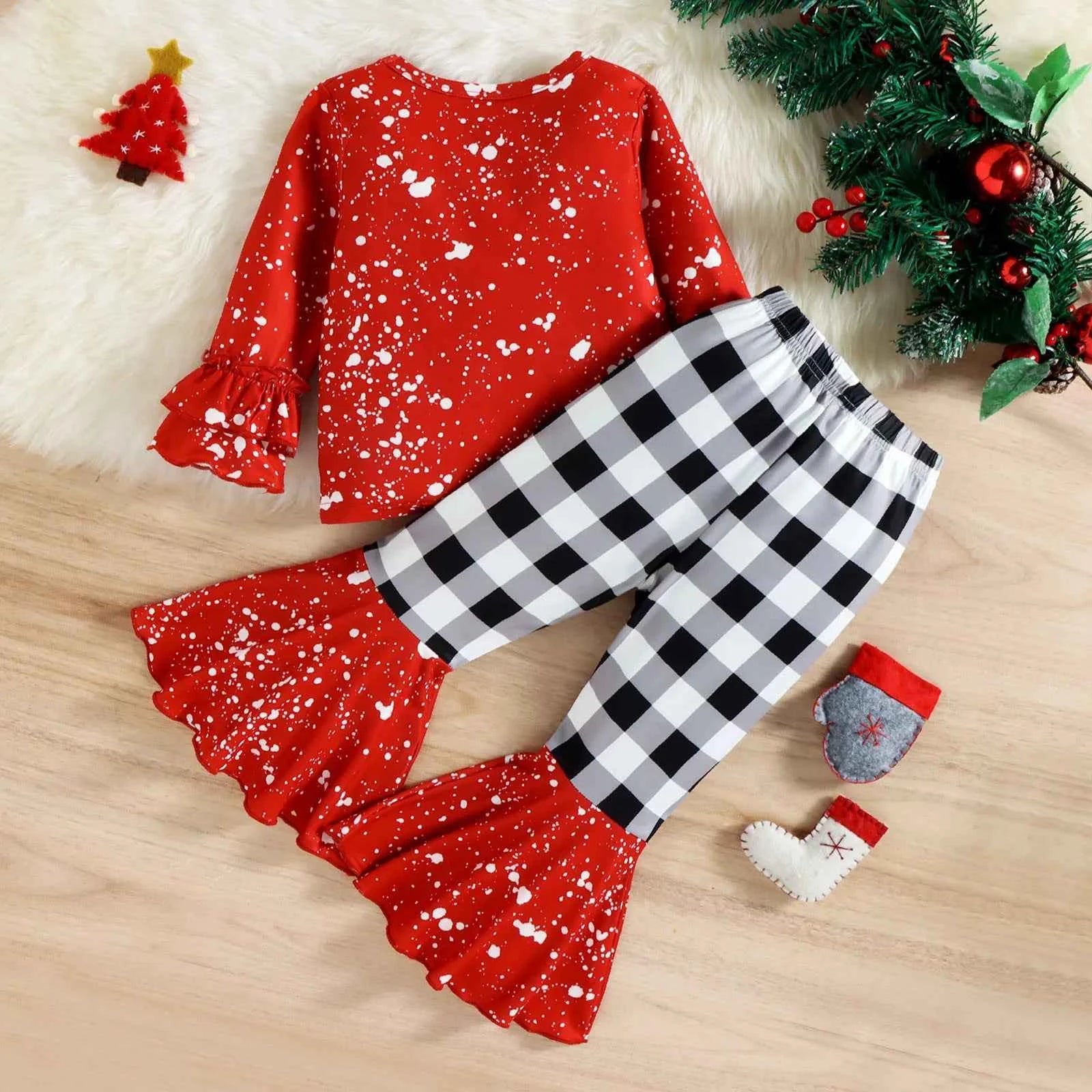 Toddler Girls Christmas Outfit – Letter Print Top & Plaid Bell Bottom Pants Set