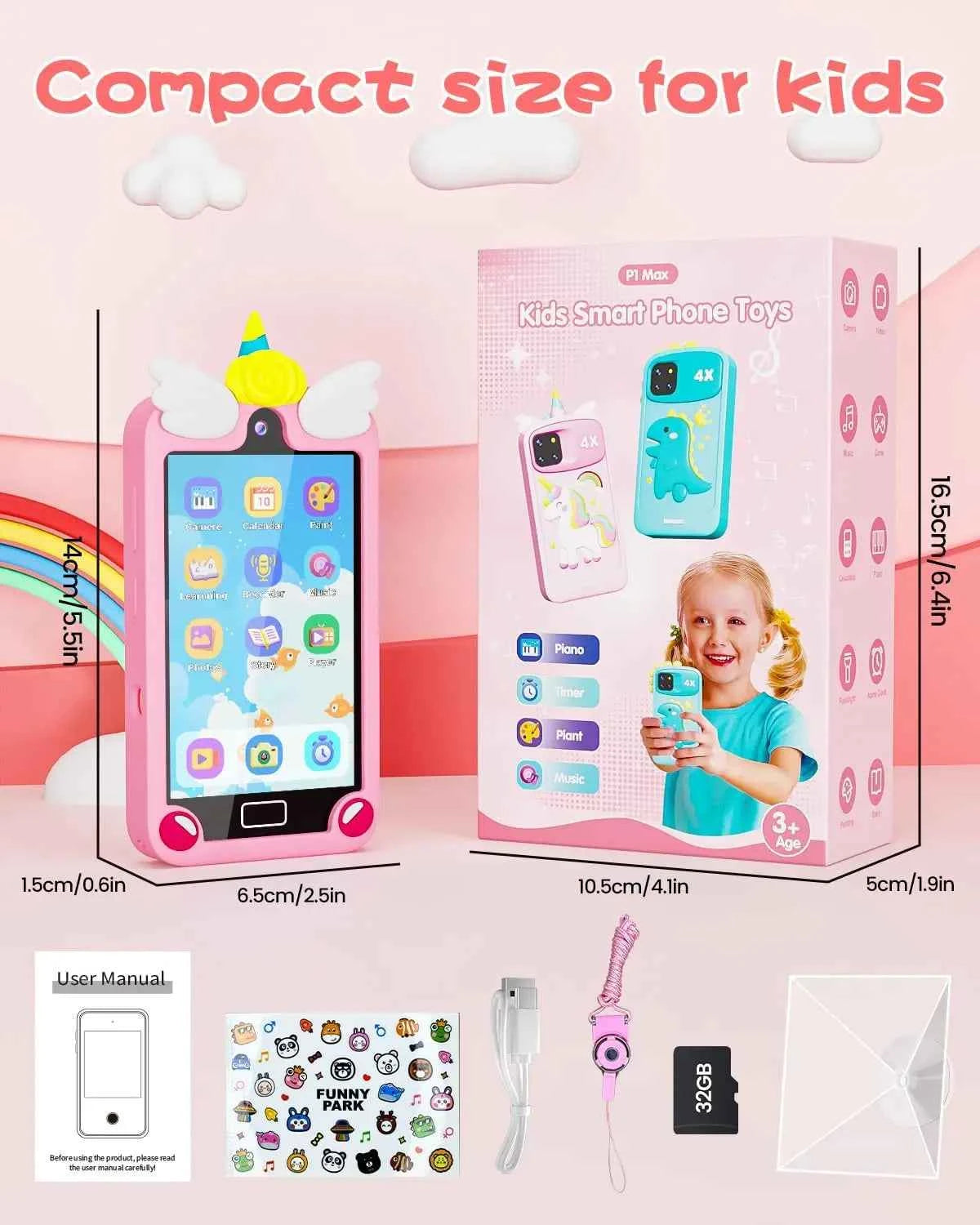 Kids Learning Smart Phone Toy – 4.0" Touchscreen with Dual Camera and 32GB Storage (Pink)