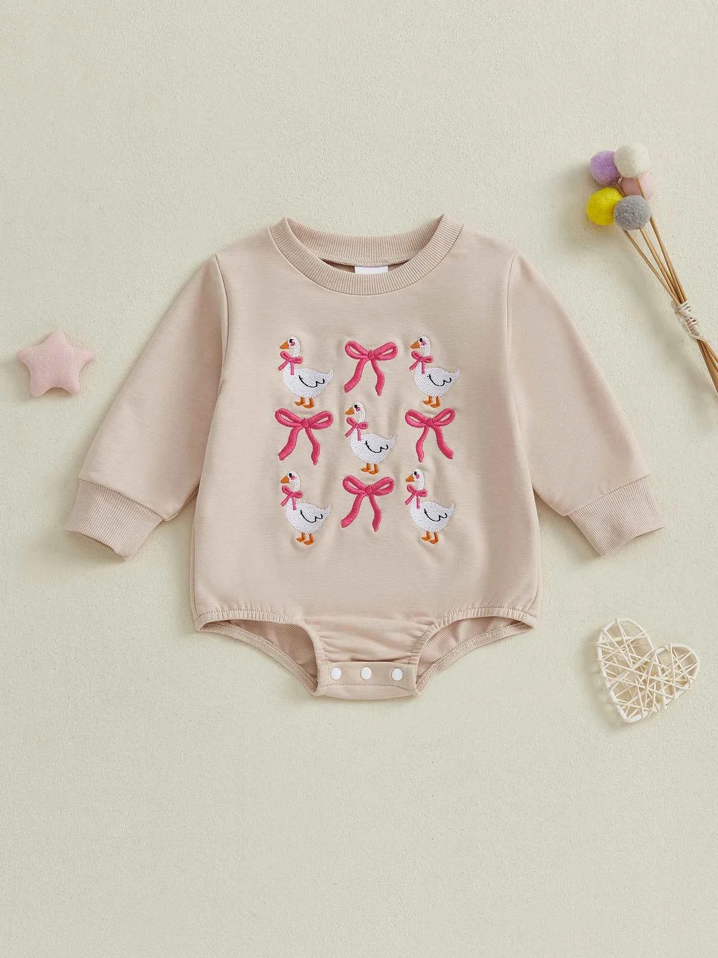 Girl Goose and Bow Embroidered Romper – Long Sleeve Crewneck Sweatshirt Bodysuit