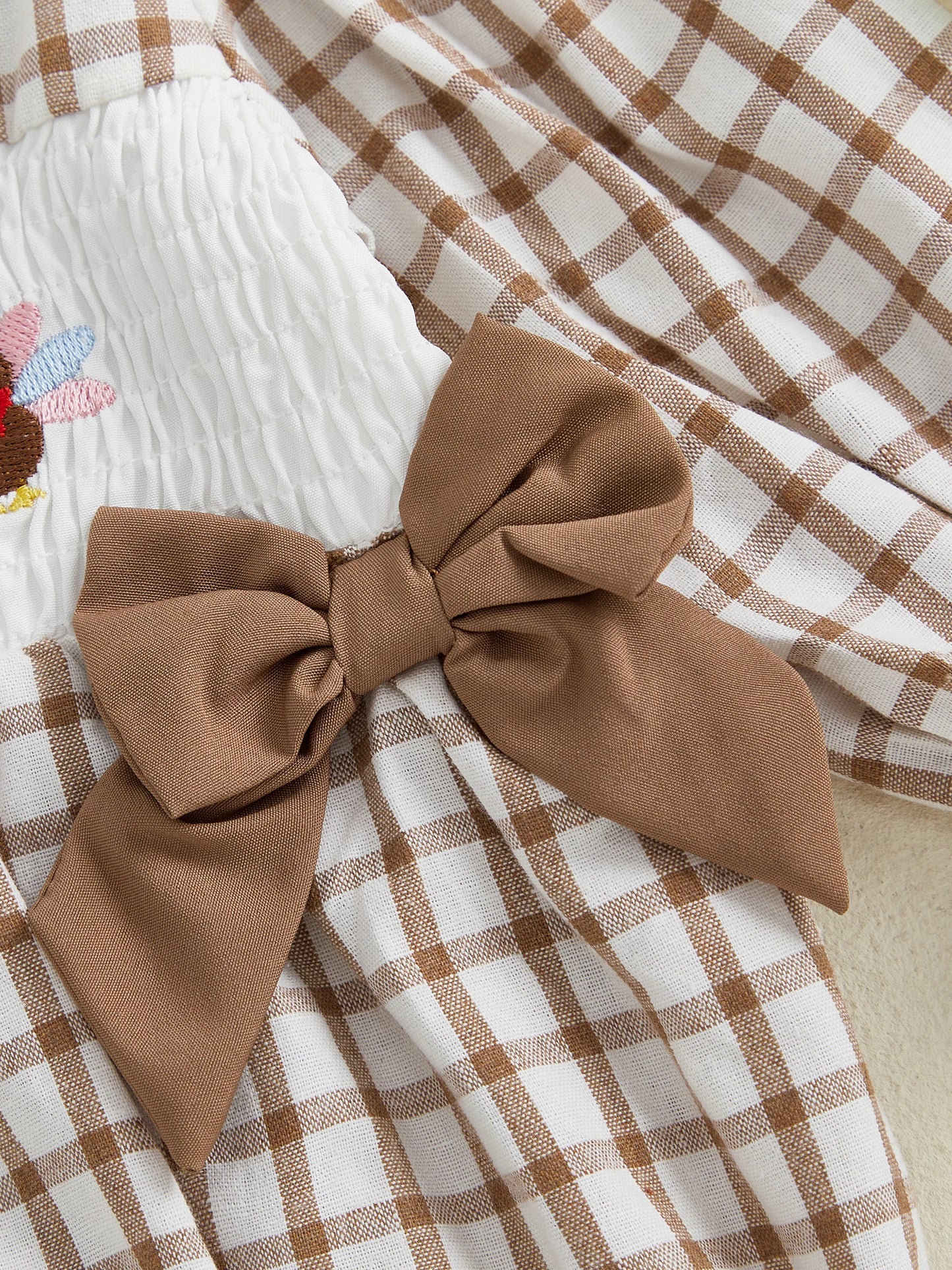 Baby Girl Thanksgiving Romper – Long Sleeve Plaid Jumpsuit with Doll Collar & Turkey Embroidery