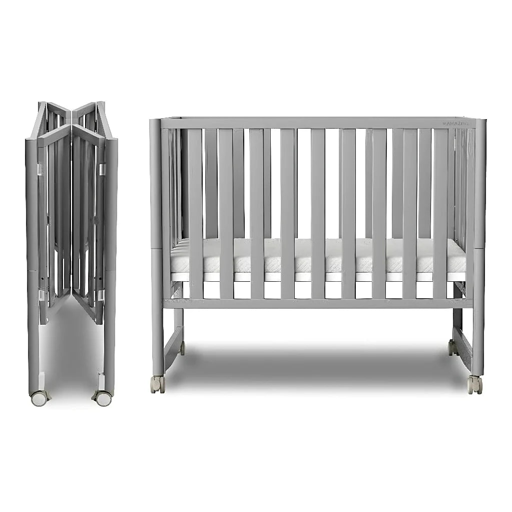 6-in-1 Convertible Mini Crib with Wheels – Foldable, Adjustable Height, Portable Baby Crib (Grey, New Zealand Pine)
