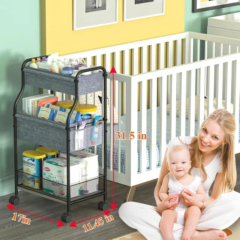 3-Tier Baby Diaper Caddy Organizer – Mobile Nursery Storage Cart with 4+2 Dividers and Rolling Wheels