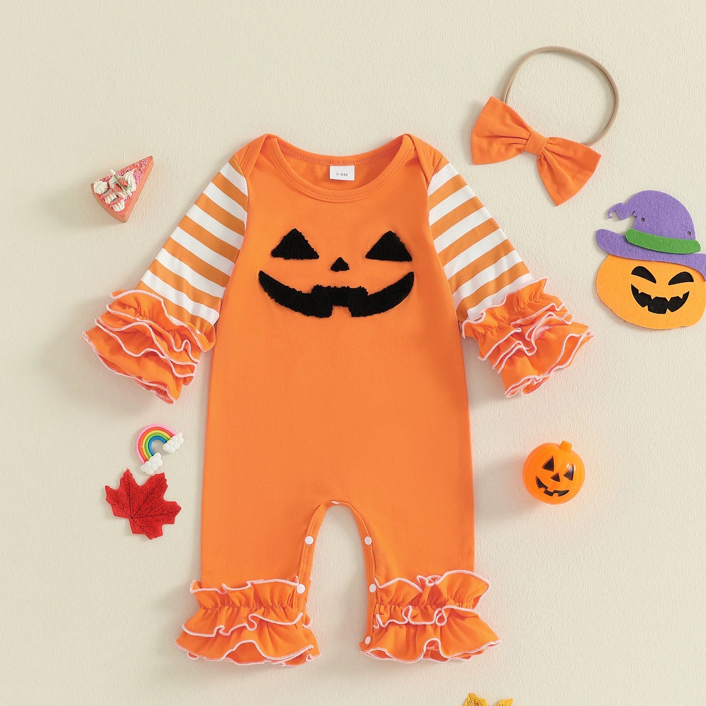 Toddler Baby Girl Halloween Outfit – Pumpkin Ghost Embroidery Romper with Headband