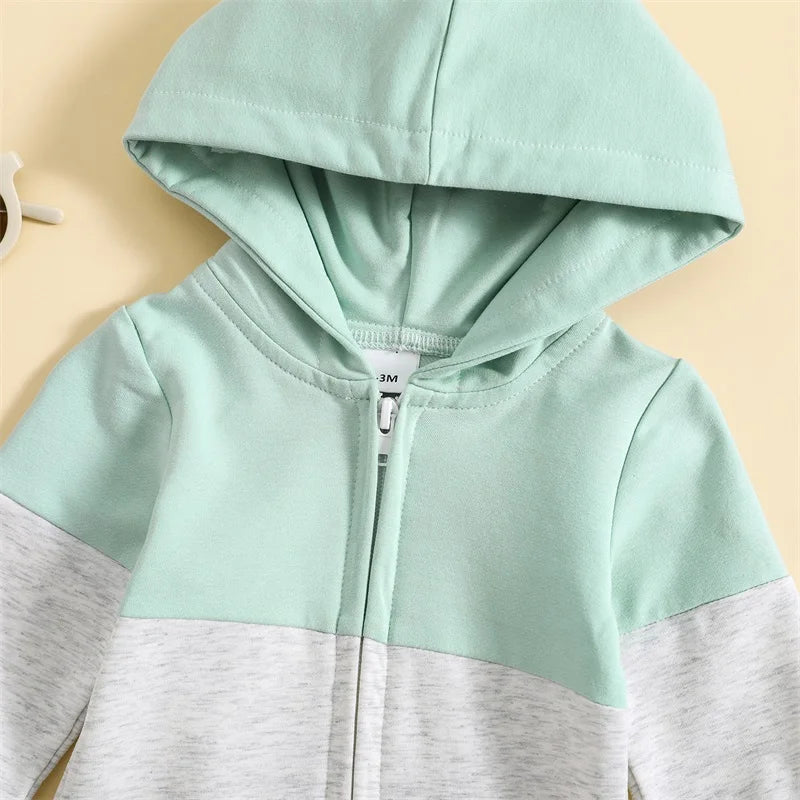 Infant Baby Boy Hooded Romper – Long Sleeve Contrast Zipper Jumpsuit 0-18M