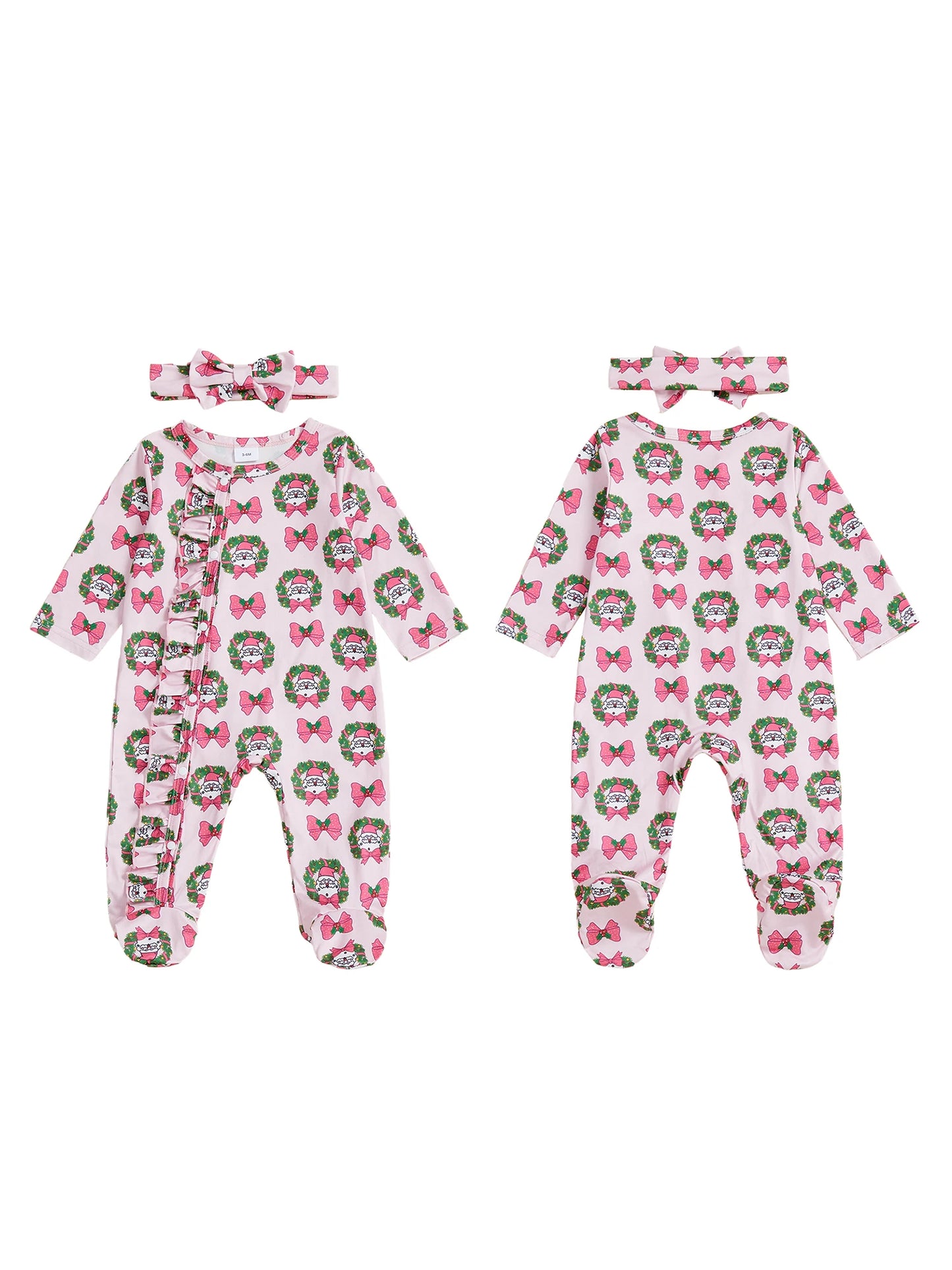 Christmas Outfit – Santa Claus Bow Print Long Sleeve Footed Romper with Matching Headband Set