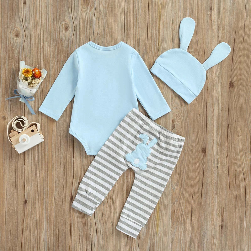 Infant Baby Outfit 3-Piece Set – Bunny Print Bodysuit with Striped Bottoms, Bunny Ear Beanie for My 1st Easter