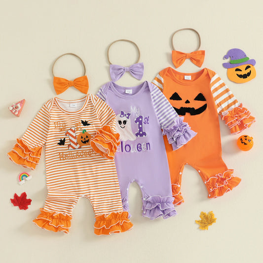 Toddler Baby Girl Halloween Outfit – Pumpkin Ghost Embroidery Romper with Headband