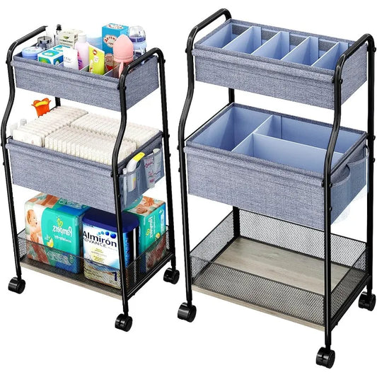 3-Tier Baby Diaper Caddy Organizer – Mobile Nursery Storage Cart with 4+2 Dividers and Rolling Wheels