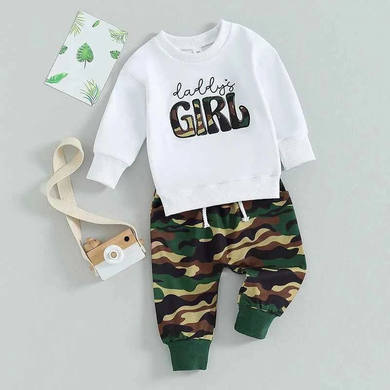Baby Girl White Pullover & Camo Pants Set – 2-Piece Toddler Outfit