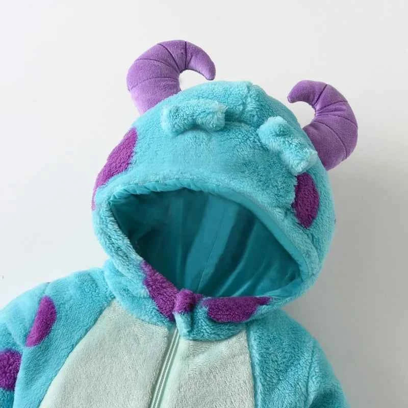 Baby Fleece Hooded Jumpsuit – Warm Winter Romper with Horn Design (0–3 Years)