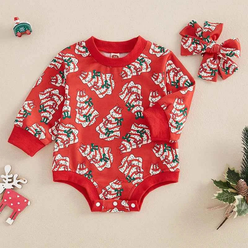 Baby Girl Christmas Romper Set – Long Sleeve Tree Print Jumpsuit with Cute Headband