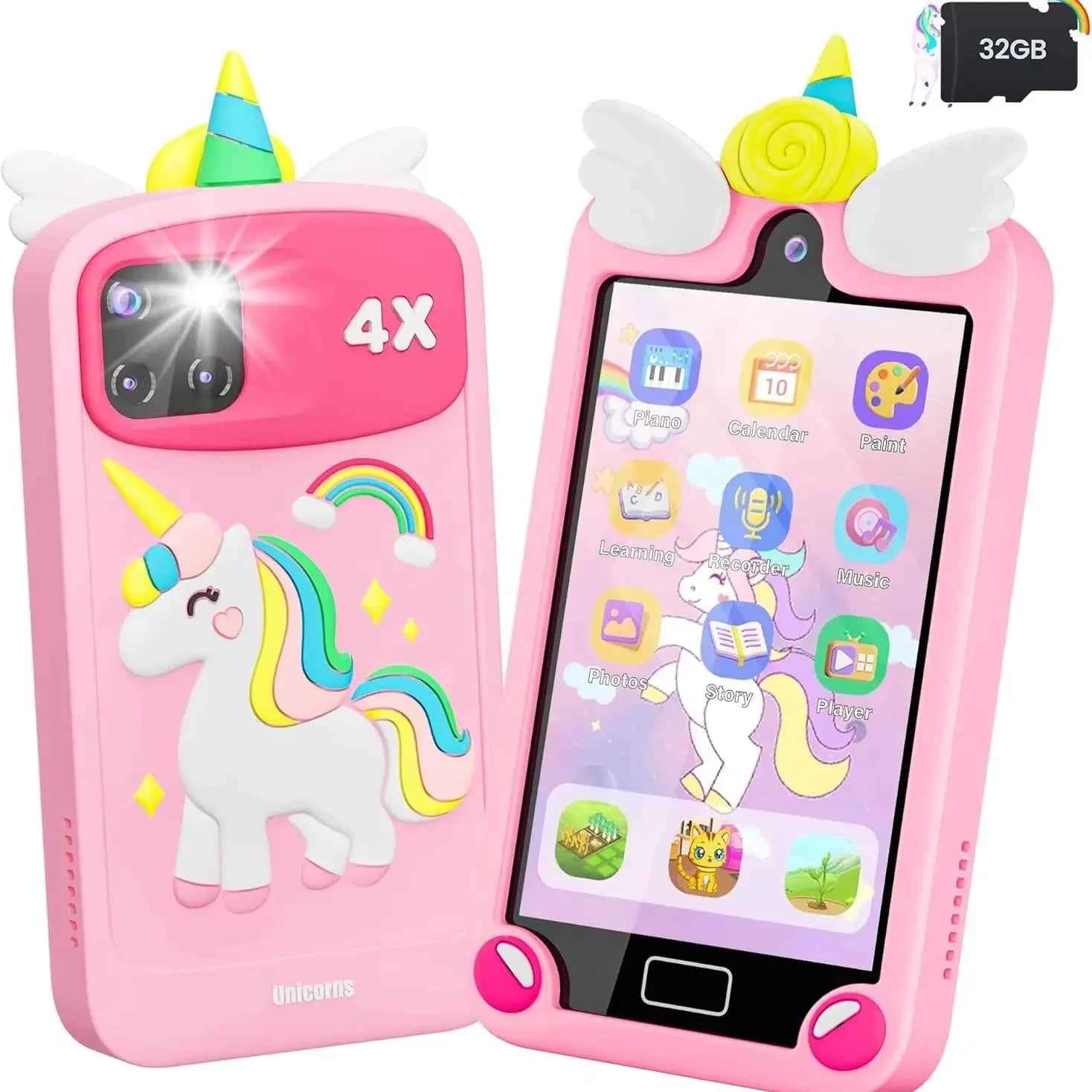 Kids Learning Smart Phone Toy – 4.0" Touchscreen with Dual Camera and 32GB Storage (Pink)
