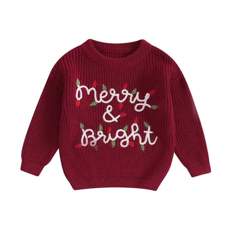 Cute Baby Christmas Knit Sweater -  Embroidered Letter Long Sleeve Pullover