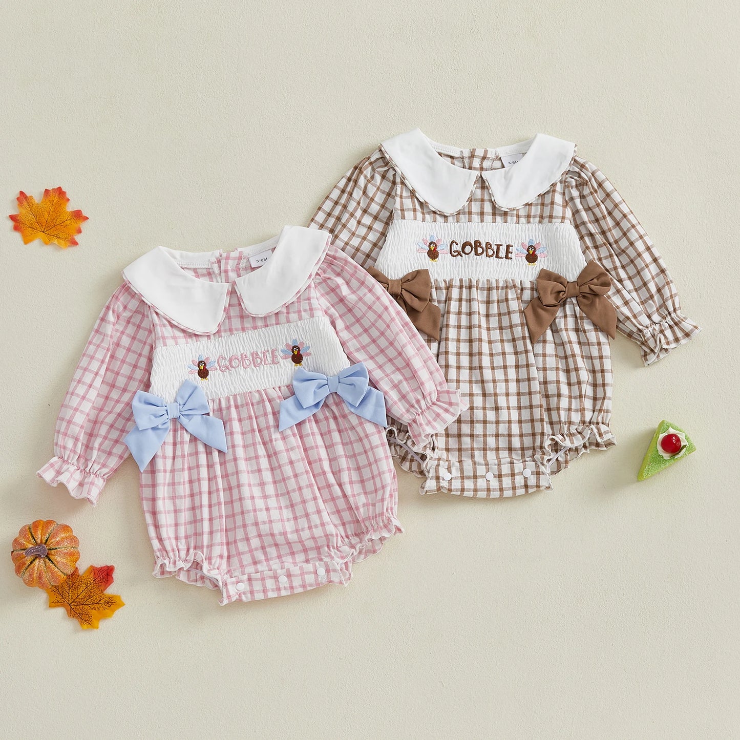 Baby Girl Thanksgiving Romper – Long Sleeve Plaid Jumpsuit with Doll Collar & Turkey Embroidery