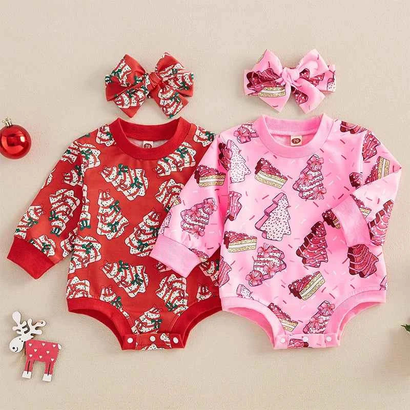 Baby Girl Christmas Romper Set – Long Sleeve Tree Print Jumpsuit with Cute Headband